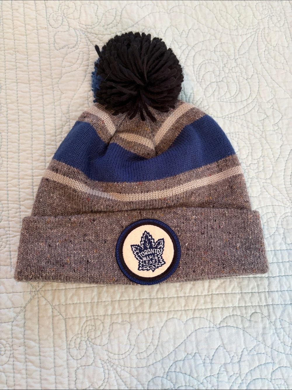 Mitchell & Ness Toronto Maple Leafs Blue, Gray & Black Pom Pom Beanie
